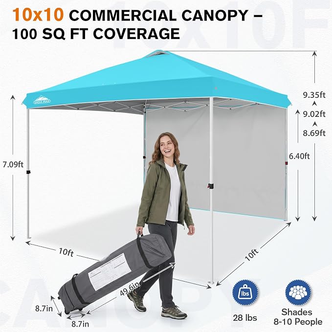 EAGLE PEAK Commercial Canopy 10x10 Pop Up Canopy Tent with 1 Sidewall, Easy Setup Heavy Duty Instant Event Shelter for Vendors & Markets, Outdoor Sun Shade, Light Blue
