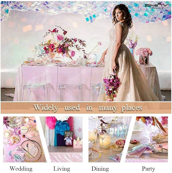 Sequin Tablecloth Rectangle 50x72-Inch Iridescent White Table Cloths for Parties Rectangular Table Cover Overlay Glitter White Birthday/Baby Shower/Tea Party Decor