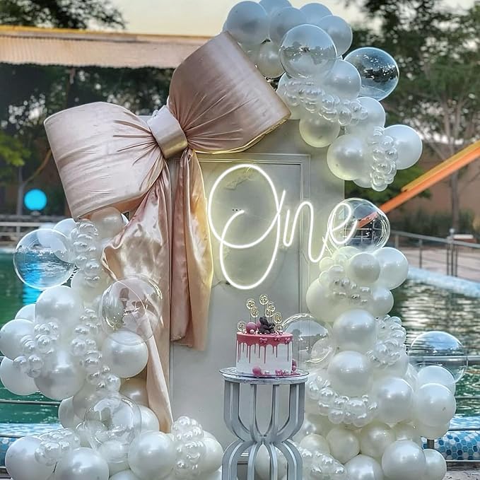 Pearl White Balloon Arch, Double Stuffed Pearl White Sand Balloon Garland, Neutral Ivory Clear Transparent Balloons Different Sizes for Boho Wedding Baby Bridal Shower Engagement Birthday Party Decor