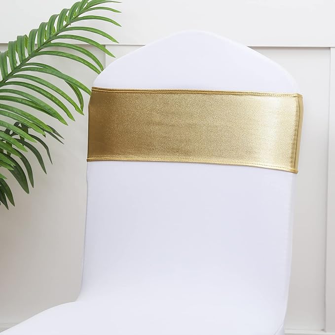 Gold Chair Sashes 50 Pack for Wedding Ceremony, Elastic Chair Bands Bows for Party Banquet Theme Hotel Restaurant Event Decorations (50 Pieces, Metallic Gold)