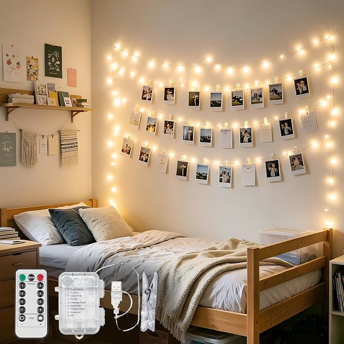 suddus 16ft 50 LED Fairy Lights with Clips for Pictures, Photo Lights with Remote USB Powered & Battery Operated with 22 Clear Clips, String Lights for Party, Bedroom, Decoration, Warm White