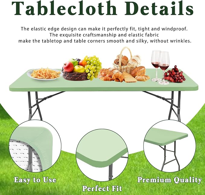6 Pack Picnic Table Cover Elastic Fitted Outdoor Tablecloths for 8 Foot Rectangle Tables Waterproof Stretch Washable Patio Folding Spandex Table Cloth Camping Banquet Parties (Sage Green,30" x 96")