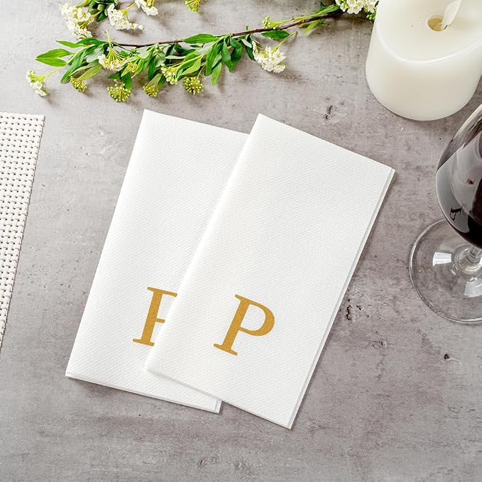 Luxenap 15.8 X 7.9 Inch Linen-Feel Guest Towels, 50 Lettered Hand Towels - Gold Letter 'P', Sans Serif Font, White Paper Dinner Napkins, airlaid, For Restrooms And Tables