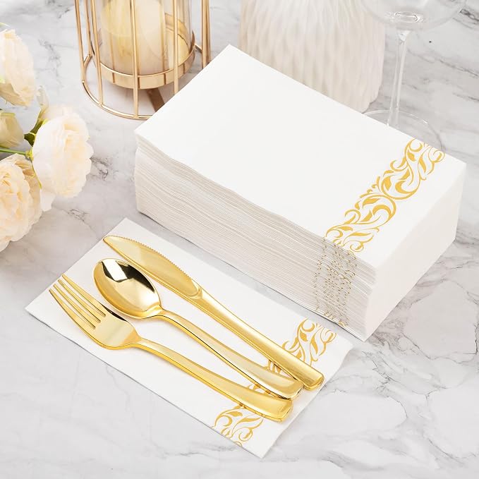 BESTVIP 100 Pack Disposable Paper Napkins, 3-Ply Dinner Napkins with Gold Trim for Guests, Bathroom Paper Hand Towels Soft & Absorbent, Perfect for Christmas, Kitchen, Dinner, Party, Wedding or Event
