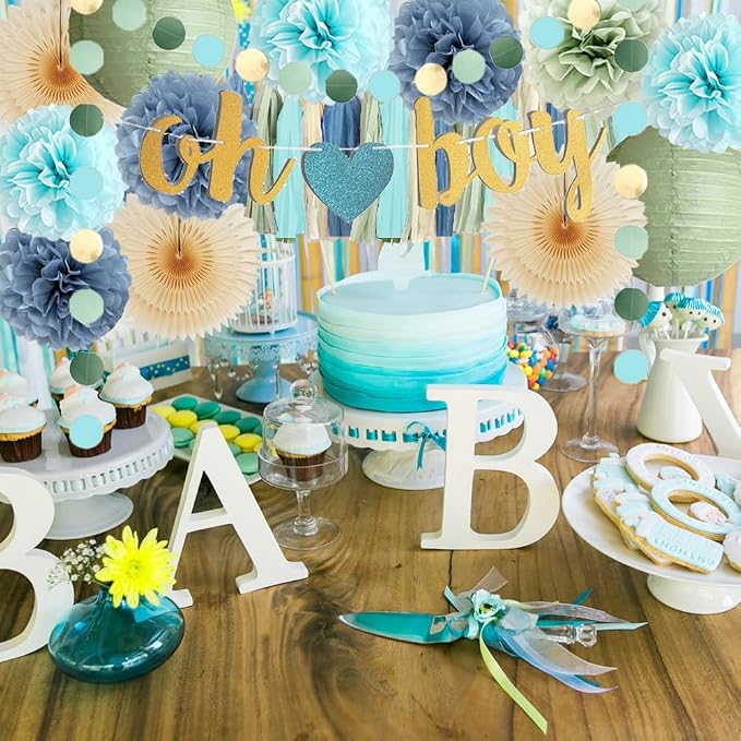Dusty Blue and Sage Green Baby Shower Decorations Oh Boy Sage Green and Blue Baby Shower Decorations Light Beige Tissue Paper Pom Poms Fans Cream Tassel Garland Kit with Oh Boy Banner Gold