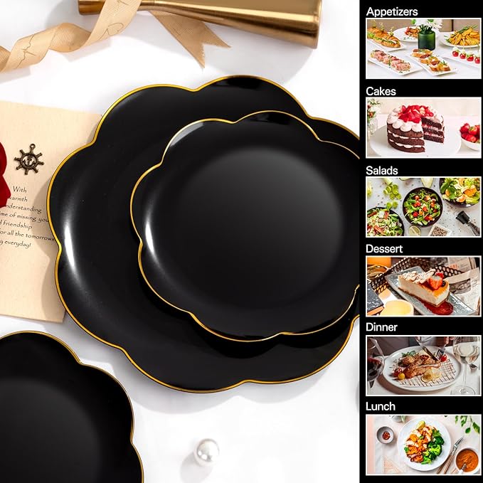 60pcs Black Disposable Plates with Gold Rim Heavy Duty Scalloped Plastic Birthday Plates Wedding Disposable Dinnerware Includes: 30 Dinner and 30 Dessert Plate,Perfect for Party Ceremony and Camping