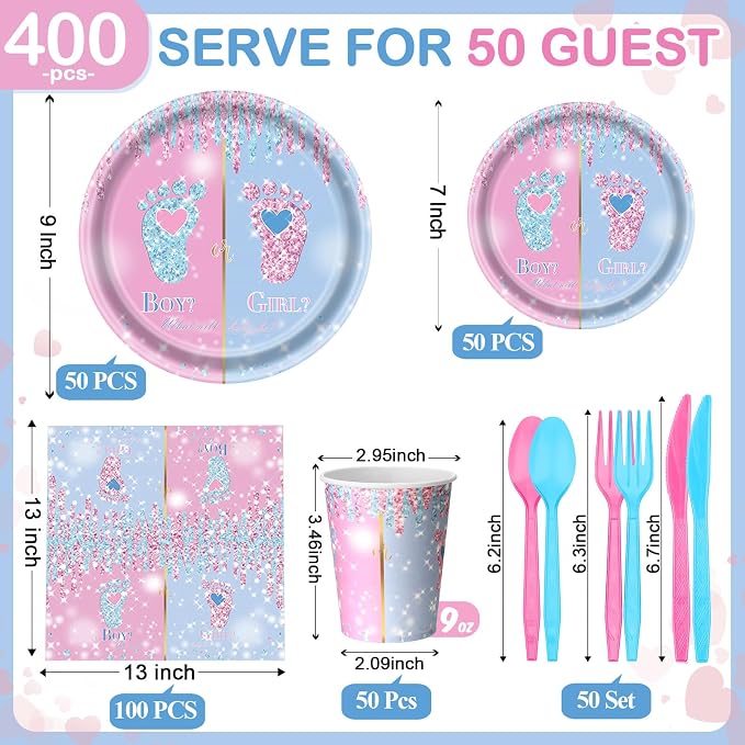 Funnymoom 400 Pcs Gender Revweal Party Supplies for 50 Guests Boy or Girl Gender Reveal Disposable Plates Napkins Cups Spoons Forks Knives for Birthday Baby Shower Party Favors