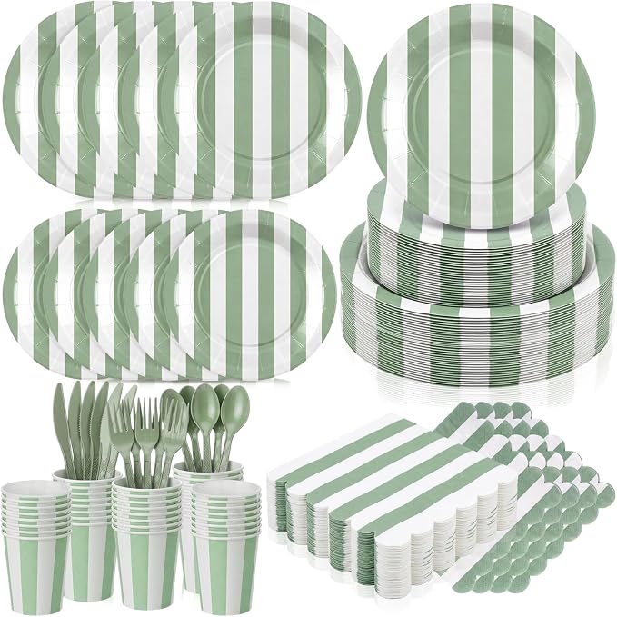 Mimorou 350 Pcs Sage Green Striped Paper Plates and Napkins for 50 Guests, Green White Striped Disposable Tableware Set Sage Plates Cup Napkins Spoon Fork Knife for Baby Shower Birthday Party Supplies