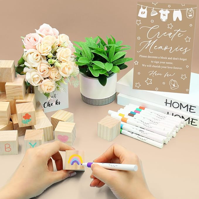 97 Pcs Baby Shower Games Sign Kit,Including Decorate a Block Game Sign 72 DIY Blank Wooden Block 24 Pen to Draw Your Idea for Baby Shower Game Gender Reveal Party