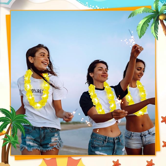 Sherr 48 Pcs LED Hawaiian Leis Light up Flower Leis Necklace with LED Lights Luau Flowers Necklaces for Masquerade Beach Wedding Tropical Themed Party Supplies (Yellow)
