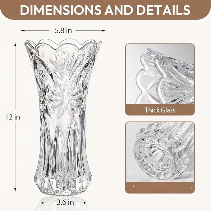 JASVIC 12 Inch Crystal Vases for Flowers, Tall Glass Flower Vase for Bouquet, Elegant Modern Large Vase, Starburst Design Decorative Vase for Living Room Centerpiece, Mother's Day, Wedding Gift