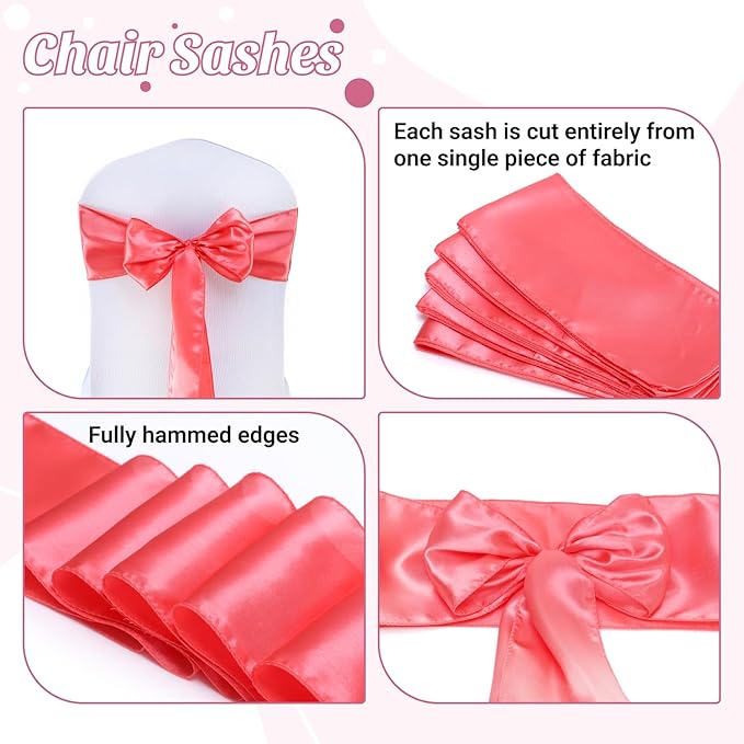 MDS Satin Chair Sashes, 200 Pack, 7”x108” Each, Decorative Chair Bows Ribbon Tie Backs for Wedding Party, Holiday Dinner, Birthday, Reception, Banquet, Hotel & Event Decoration - Coral