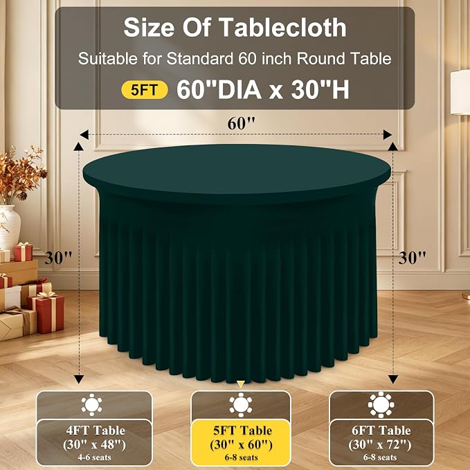 Smiry Round Spandex Tablecloth, Elastic Fitted Washable Tablecloths for 60 Round Tables, Waterpoof Stretch Table Cover Skirt for Outdoor, Wedding, Banquet & Parties, Hunter Green