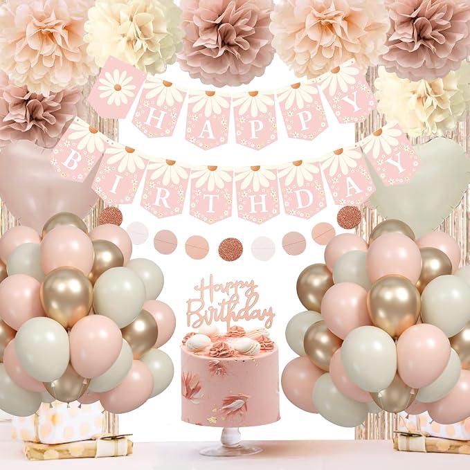 Blush Beige Birthday Decorations, Party Décor for Women, Boho Party Decorations, Daisy Flower Birthday Banner, Champagne Fringe Curtain