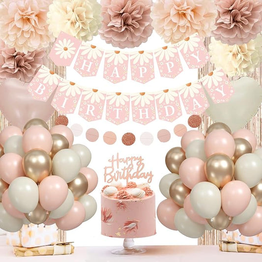 Blush Beige Birthday Decorations, Party Décor for Women, Boho Party Decorations, Daisy Flower Birthday Banner, Champagne Fringe Curtain
