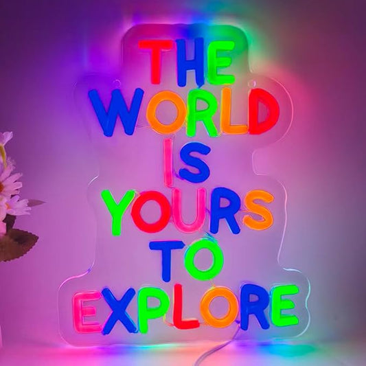 The World Is Yours To Explore LED Neon Sign, Inspirational Travel Quote Neon Lights for Wall Decor, Classroom, Bedroom, Office, Study Room, Adventure, Party, Gifts for Travelers and Students