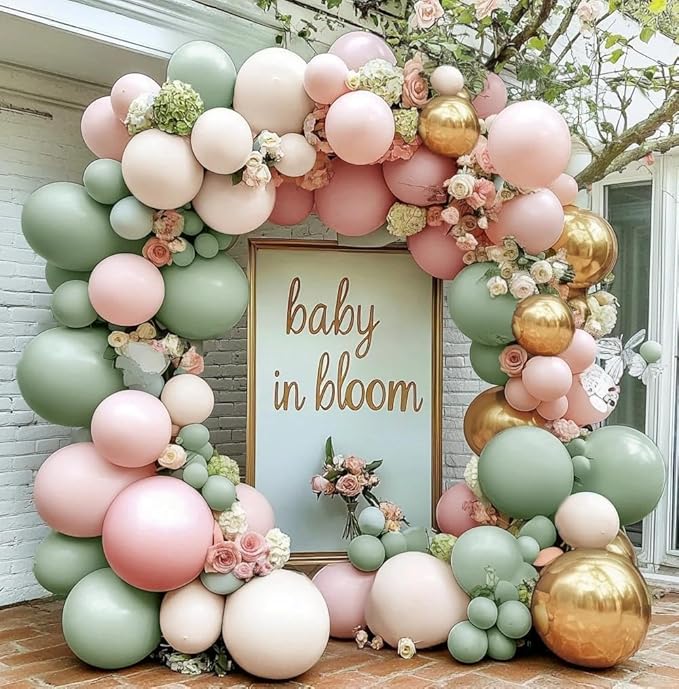 Dusty Green Pink Balloon Arch Double Stuffed Pastel Baby Pink Light Green White Cream Balloon Metallic Gold Latex Balloons for Baby in Bloom Birthday Bridal Shower Wedding Party Decorations