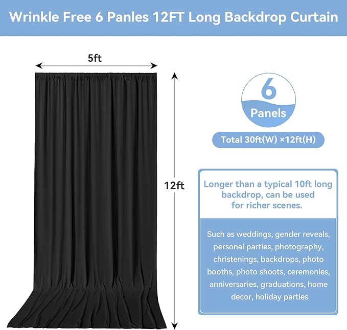 30ftx12ft Black Backdrop Curtains for Wedding Party-Wrinkle Free Backdrops Curtain Drapes Fabric Decorations Photo Back Drop Cloth for Baby Shower Photography Stage Reception 6Panels 12ft(H) x 5ft(W)