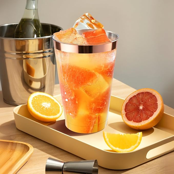 200 Pack 12oz Plastic Cups with Rose Gold Rimmed - Sturdy & Food Safe Plastic Wine Glasses Wedding Cups Party Cups Clear Cups Plastic Cocktail Glasses for Wine, Juice, Cocktails and Cold Beverages