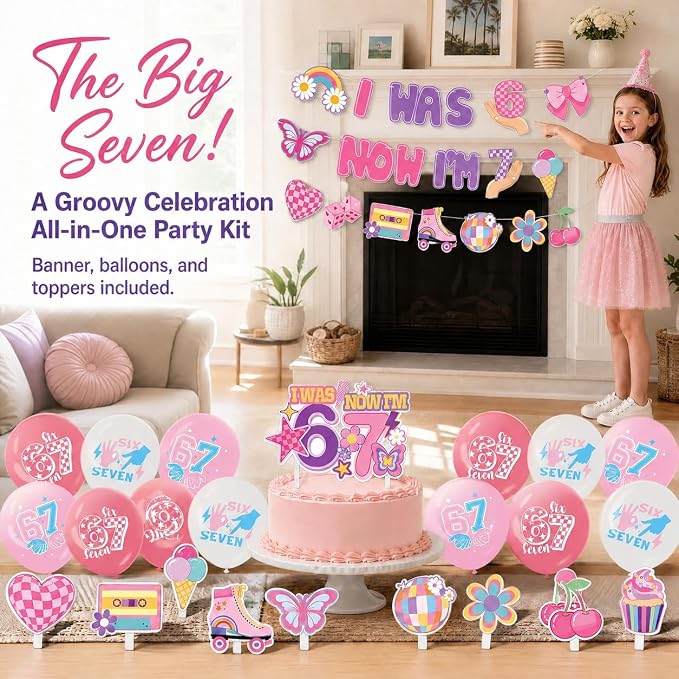 67 Birthday Decorations Set for Girls, 46PCS, Turning 7 Theme Birthday | Paper-3 Banners,24 Cupcake Toppers,1 cake Toppers,18 Balloons, i was 6 now im 7 birthday decorations