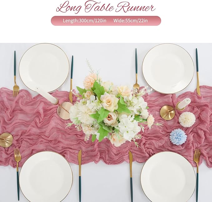 10 Pack Dusty Rose Cheesecloth Table Runner 10FT Boho Romantic Gauze Table Runner 20 x 120 Inch Rustic Sheer Runner for Wedding Party Bridal Shower Thanksgiving Christmas Decoration