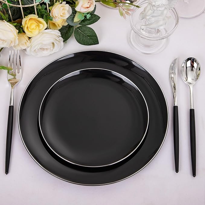 DaYammi 30 Guests Black Plastic Plates with Disposable Silverware,Silver Cutlery with Black Handle,Silver Disposable Dinnerware:60 Dinner/Dessert Plates,90 Plastic Silverware Set for Party Wedding