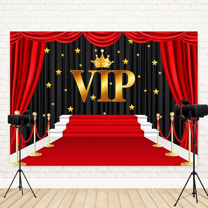 12x10ft VIP Backdrop Red Carpet Gold Crown Photography Background Golden Stars Film Night Music Party Banner Decorations Boys Girls Kids Birthday Parties Newborn Baby Shower Photo Booth Prop