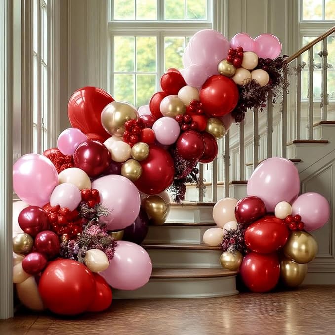Red Pink Balloon Garland Double Stuffed Burgundy Pink Gold Pearl Balloons Rose Red Blush Nude Balloon Arch for Mother's Day Birthday Bridal Shower Wedding Engagement Party Decorations