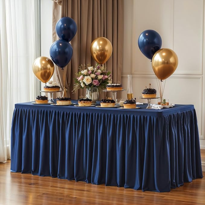 PARTISKY 1 Pack Navy Blue Tablecloths for Rectangle Tables 6ft, Wrinkle Resistant Navy Blue Table Cover Fitted Stretch Table Cloth with Pleated Ruffle Skirts for Party Banquet Dining Birthday Wedding