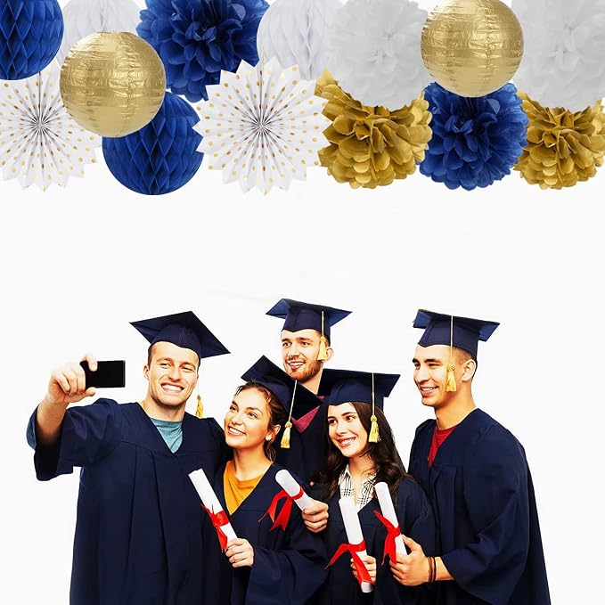 Navy-Blue White Gold Party Decorations - 14pcs Kits Paper Lanterns Fan,Tissue Flower Pom Poms Streamers,Honeycomb Balls,Graduation 2026 Men Birthday Wedding Baby Bridal Shower Decor Lasting Surprise