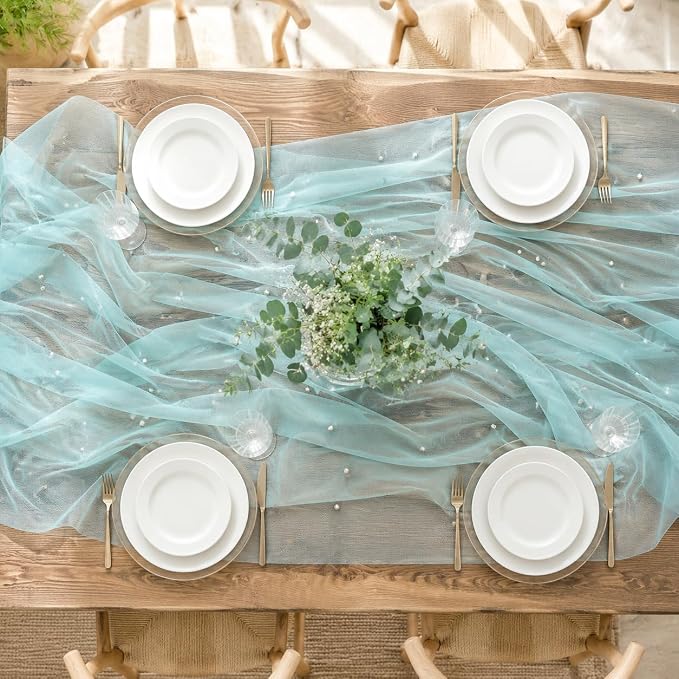 Pearl Turquoise Gauze Pearl Table Runner 120 Inch 10FT, Seasonal Sheer Dining Holiday Wedding Birthday Baby Shower Tulle Summer Table Decor for Home Party