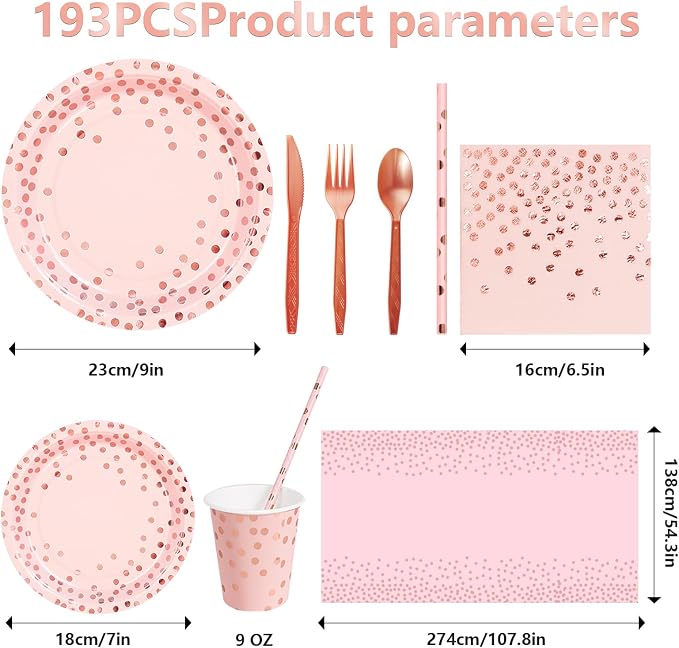 Nkaiso 193 Pcs Pink and Rosegold Paper Plates and Napkins Party Supplies Sets Include Pink Party Plate Cup Napkin Plastic Cutlery for Baby Shower, Wedding, Birthday Decoration -24 Guest