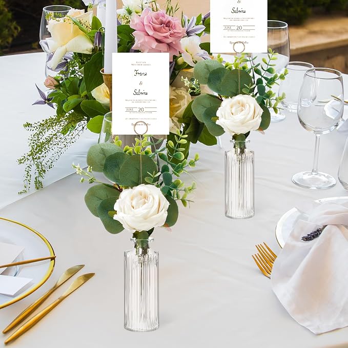 Threehoney 12 Set Artificial Flowers with Vases and Table Number Holder 12 Glass Bud Vases 48 Fake Plants and 12 Card Holder Picks Flower Table Centerpieces DIY for Wedding Home Dining Party Decor