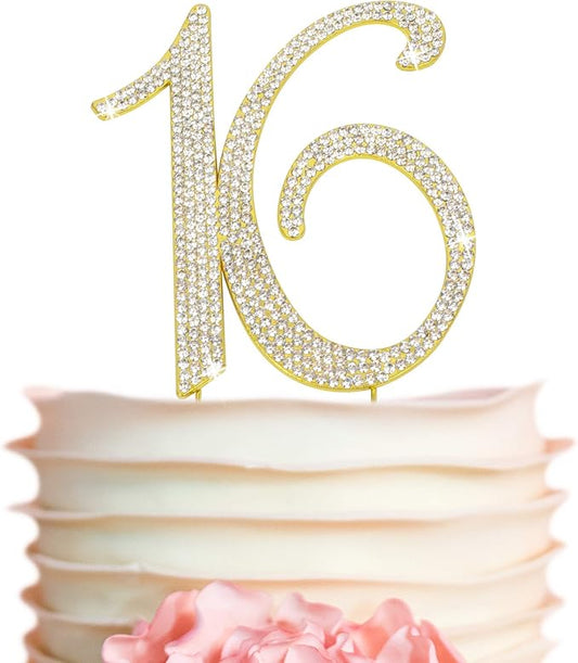 16 Cake Topper - Premium Gold Metal - Sweet 16 Birthday Party Sparkly Rhinestone Decoration Makes a Great Centerpiece - Now Protected in a Box