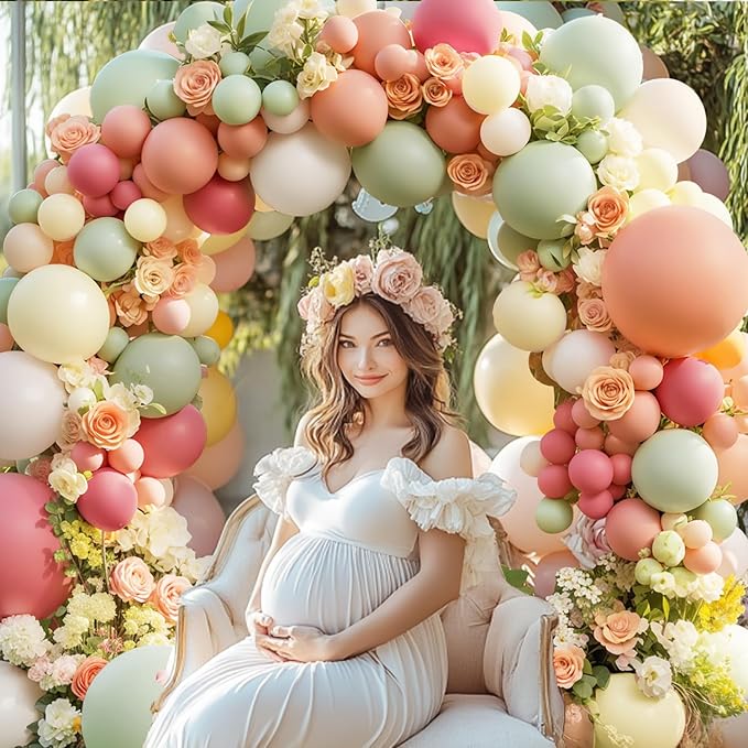 Dusty Pink Yellow Green Balloons Arch Kit, Double Stuffed Pastel Light Yellow Sage Green Peach Balloon Garland Ivory White Sand Color for Bear Wildflower Birthday Wedding Party Decorations