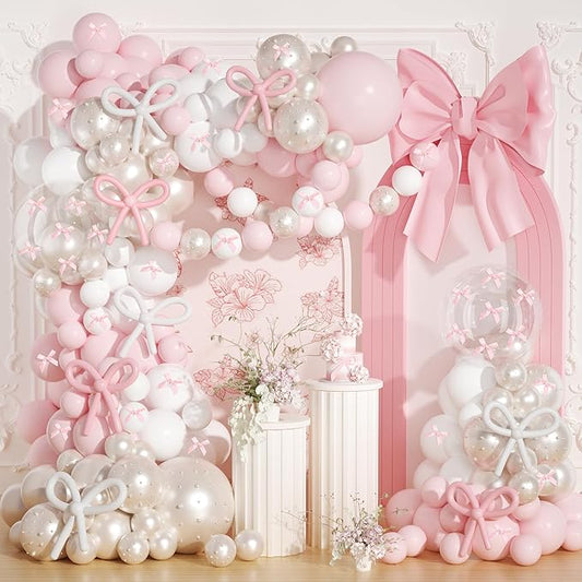 Pink Bow Birthday Decorations,220Pcs Pink Bow Balloon Arch Kit with 260 Clear Double Stuffed Pearl Balloons Ribbon Bow Pearl Stickers for Bow Coquette Birthday Bachelor Bridal Baby Shower Wedding