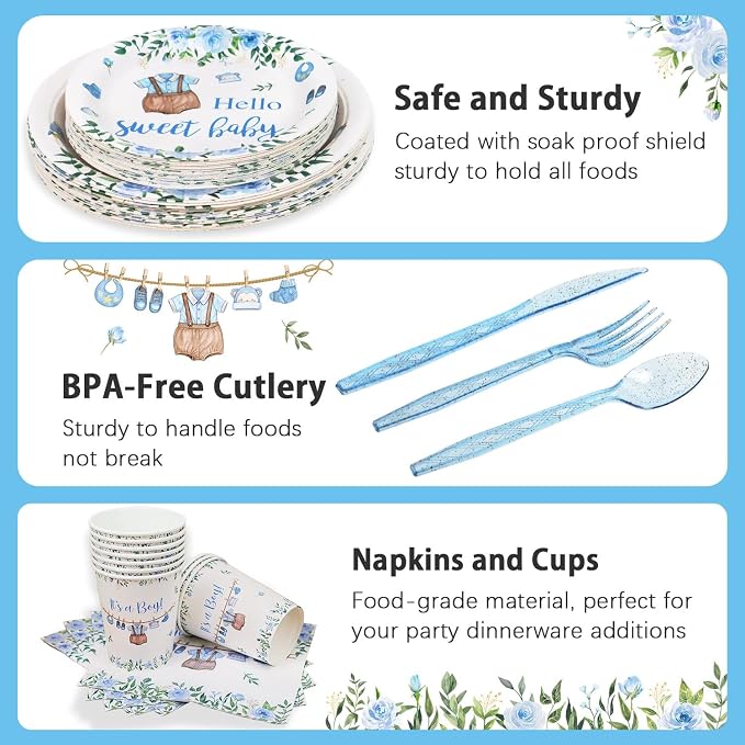 Boy Baby Shower Decorations Plates Set 25 Guests,175 Pcs Blue It's a Boy Baby Shower Decorations Paper Plates Napkins Cups Cutlery Sets