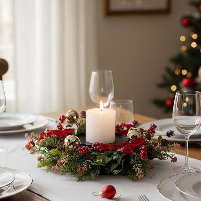 MOYEE Christmas Winter Centerpieces for Tables Candle Ring, Black Metal Candlestick with an Artificial Wreaths 14 in Versatile Dining Table Centerpiece Decor (Red Bow Pinecone Wreath)