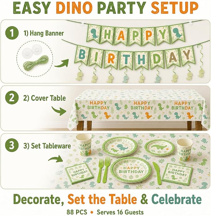 Dinosaur Birthday Decorations Party Supplies Kit, 88 PCS Dino Party Decorations Tableware Set Serves 16 with Plates Cups Napkins Cutlery Tablecloth Banner Hanging Swirls for Prehistoric Theme