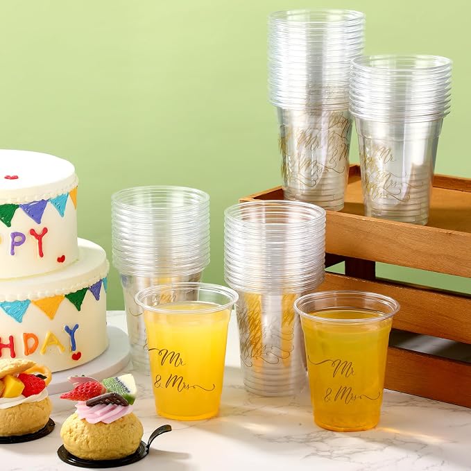 FoldTier 50 Pcs Mr and Mrs Cups 12 oz Plastic Wedding Cups Clear Engagement Disposable Glasses Bridal Shower Drinking Glasses for Home Kitchen Wedding Theme Party Favors Supplies Decoration