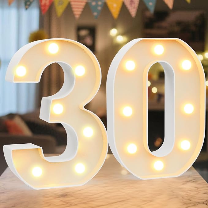LED Marquee Light Up Numbers Sign - Lighted Birthday Numbers Sign for 30th Birthday Party Decoration, Bar Wall, Home, Table Room, Wedding and Christmas Decorations, Number 30