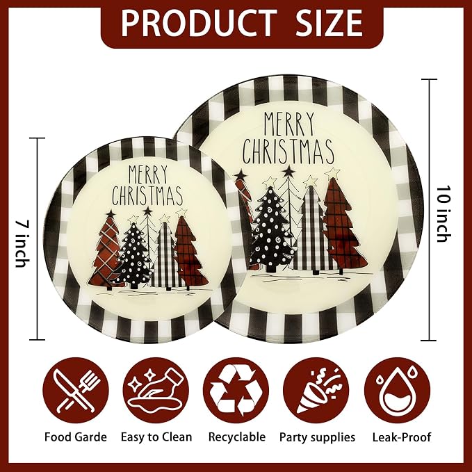 WDF 24Pack Christmas Plastic Plates - Heavy Duty Christmas Tree Plates - Disposable Checkered Plate Ideal for Party