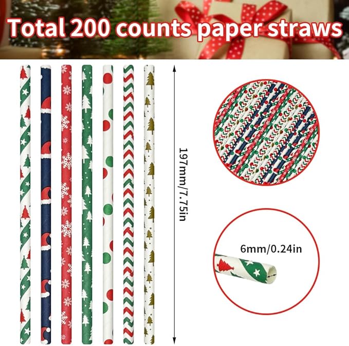 200 Pcs Christmas Paper Straws, 10 Styles Biodegradable Colorful Disposable Drinking Christmas Straws for Christmas Party Supplies, Desserts, Thanksgiving, New Year and Holiday Party Decorations