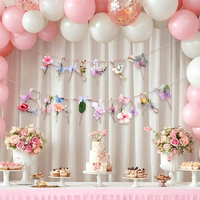 Norme 2 Pcs Butterfly Birthday Banner Decorations for Women Metal 3D Butterfly Wildflower Happy Birthday Garland Garden Spring Tea Fairy First Party Decorations for Sweet 16 21st 13th 18th 30th 40th
