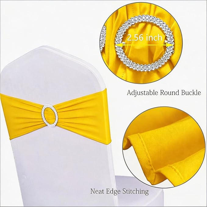 Pack of 50 Spandex Yellow Chair Sashes Bows Elastic Chair Bands with Buckle Slider Sashes Bows for Wedding Decorations Without White Covers (Yellow)
