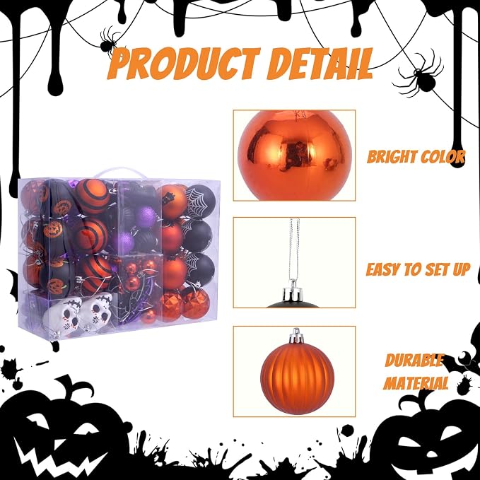 100Pcs Halloween Hanging Ball Ornaments, Ornaments Tree Decorations, Shatterproof Plastic Balls for Cute Holiday Party Indoor Home Decor (100Pcs)