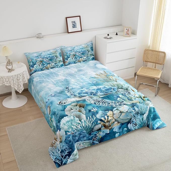 Feelyou Sea Turtle Comforter Set King Size Kids Summer Theme Comforter for Boys Girls Teens Ocean Marine Themed Bedding Set Underwater Animal Duvet Set Reptile Tortoise Quilt