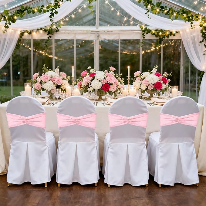 SquarePie Sequin Chair Sashes Bows 10 Pack Pink Shiny Chair Sahes Bands for Wedding Banquet Party Decor