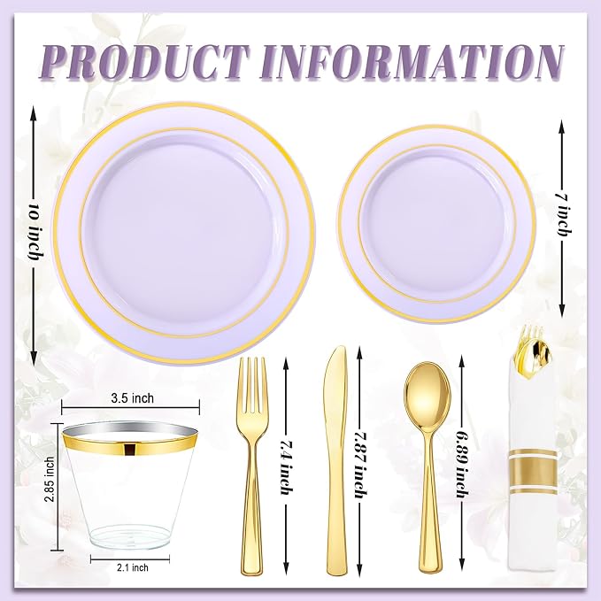 WDF Partyware 350PCS Purple Plates Disposable - Purple Plastic Plates 50Guests Lavender Disposable Dinnerware Sets with Rolled Napkins for Wedding/Birthday/Baby Shower/Bridal Shower