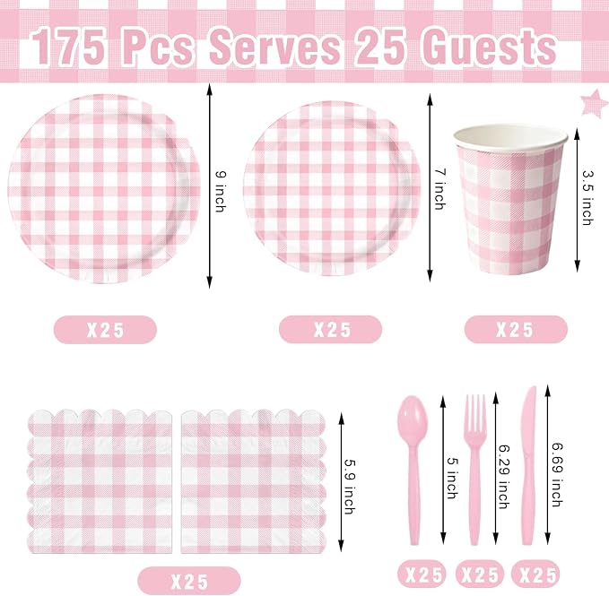 LINHAXM 175 PCS Pink Gingham Party Supplies, Pink Gingham Paper Plates, Cups, Napkins, Cutlery Pink Party Decorations for Bridal, Wedding, Birthday Party, Outdoor Picnic, Serves 25